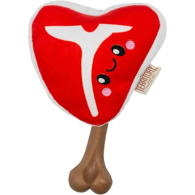 Territory Pet 2-in-1 Plush Squeaky Removable Bone Toy for Dogs 8″ Steak