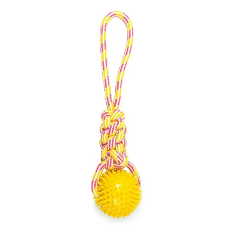ThoozyPet Knotted Tug Rope Dog Toy with TPR Spike Ball 16″ Yellow / Pink