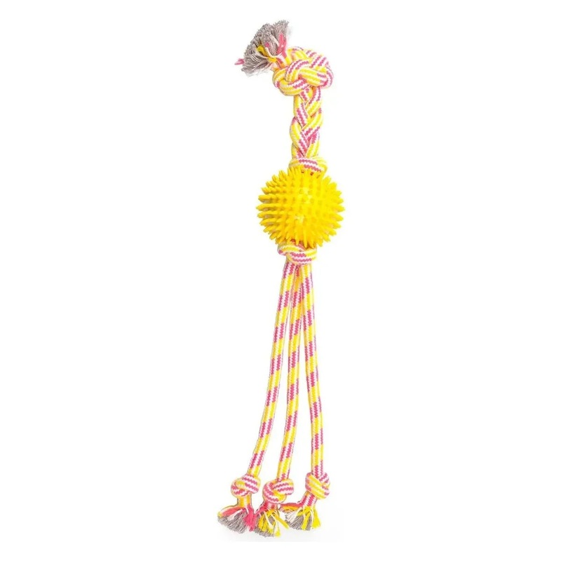 ThoozyPet Squid Tails Tug Rope Dog Toy with TPR Spike Ball 22″ Yellow / Pink
