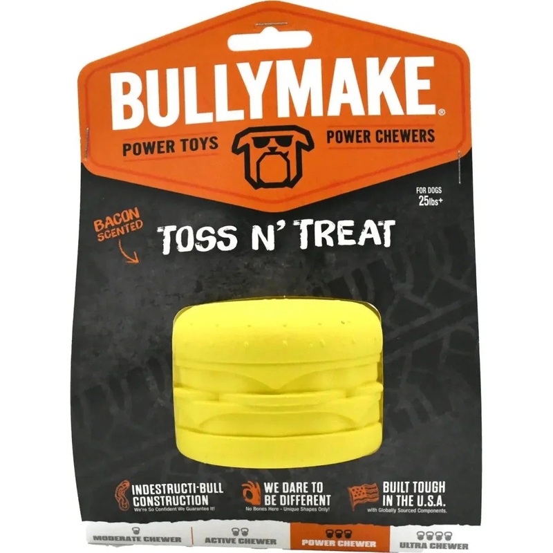 BullyMake Toss n’ Treat Flavored Dog Chew Toy Cheeseburger / Bacon