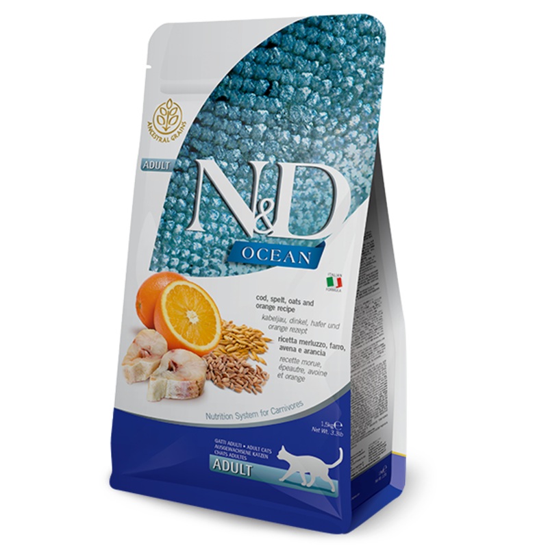 Farmina N&D Ocean – Codfish, Spelt, Oats & Orange Adult Dry Cat Food- 3.3 lb Bag