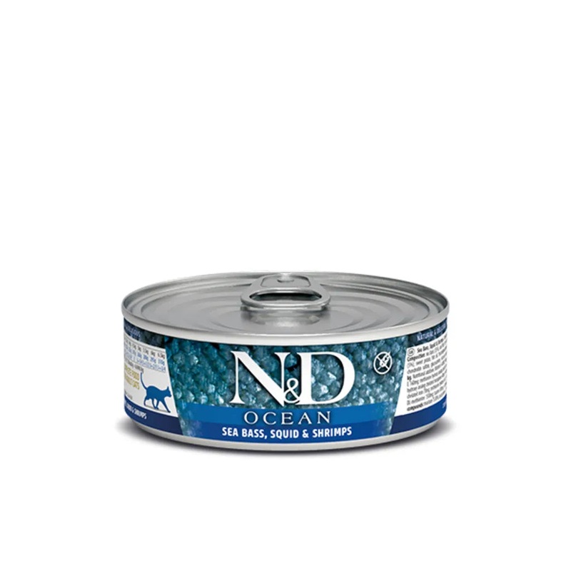 Farmina N&D Ocean  Sea Bass, Squid & Shrimp Stew Wet Cat Food – 2.5 oz Can
