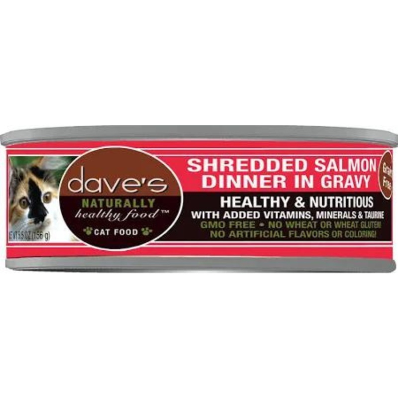 Dave’s Pet Food Naturally Healthy Grain-Free Shredded Salmon Dinner in Gravy Canned Cat Food, 5.5-oz