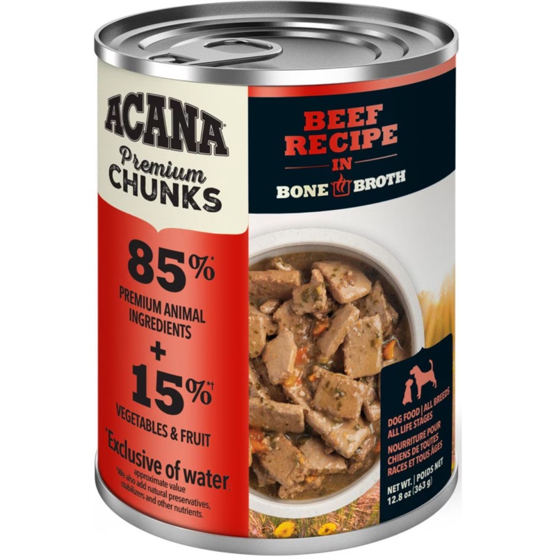 Acana Premium Chunks Beef Recipe in Bone Broth Canned Dog Food, 12.8-oz