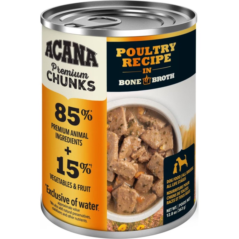 Acana Premium Chunks Poultry Recipe in Bone Broth Canned Dog Food, 12.8-oz