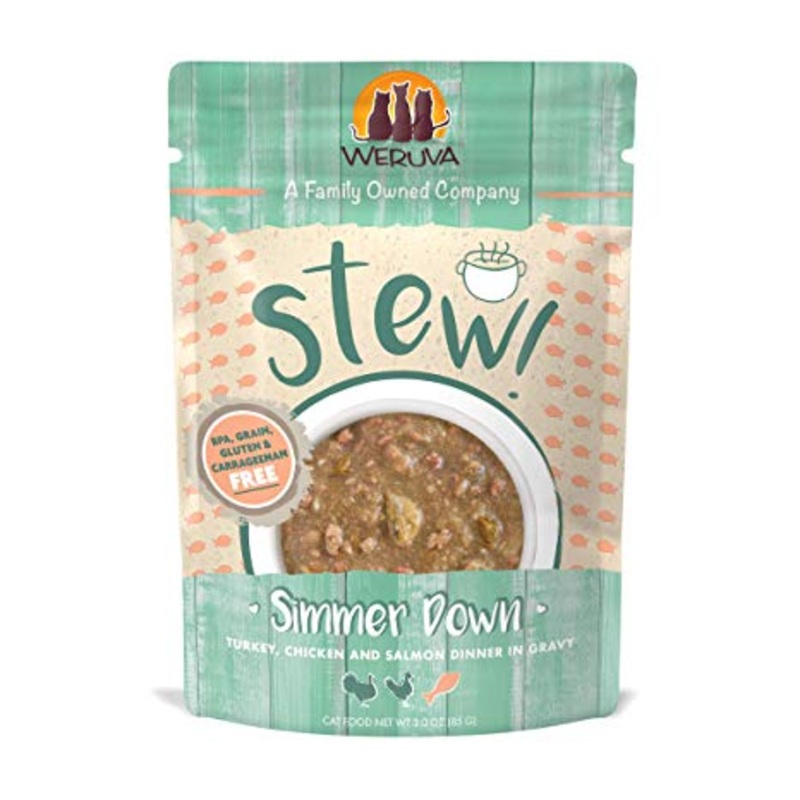 Weruva Stew! Simmer Down Turkey, Chicken & Salmon Dinner in Gravy Wet Cat Food Pouches 3oz