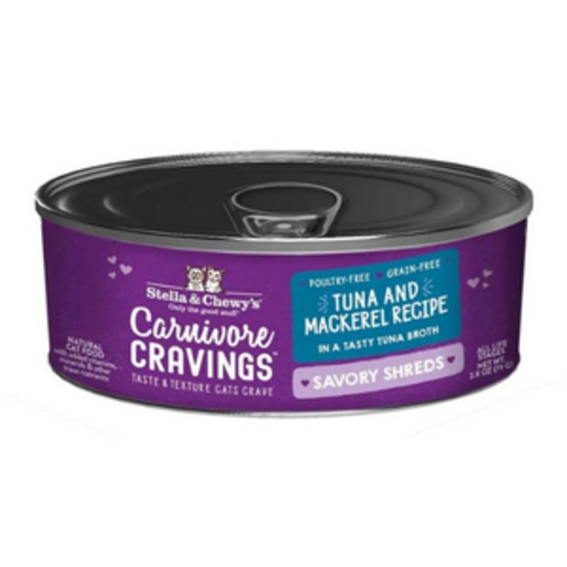 Stella & Chewy’s Carnivore Cravings Savory Shreds Tuna & Mackerel Recipe Cat Food 2.8 oz