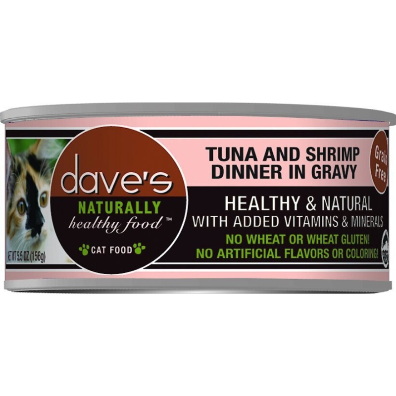 Dave’s Pet Food Naturally Healthy Grain-Free Grilled Tuna & Shrimp Dinner in Gravy Canned Cat Food 5.5-oz