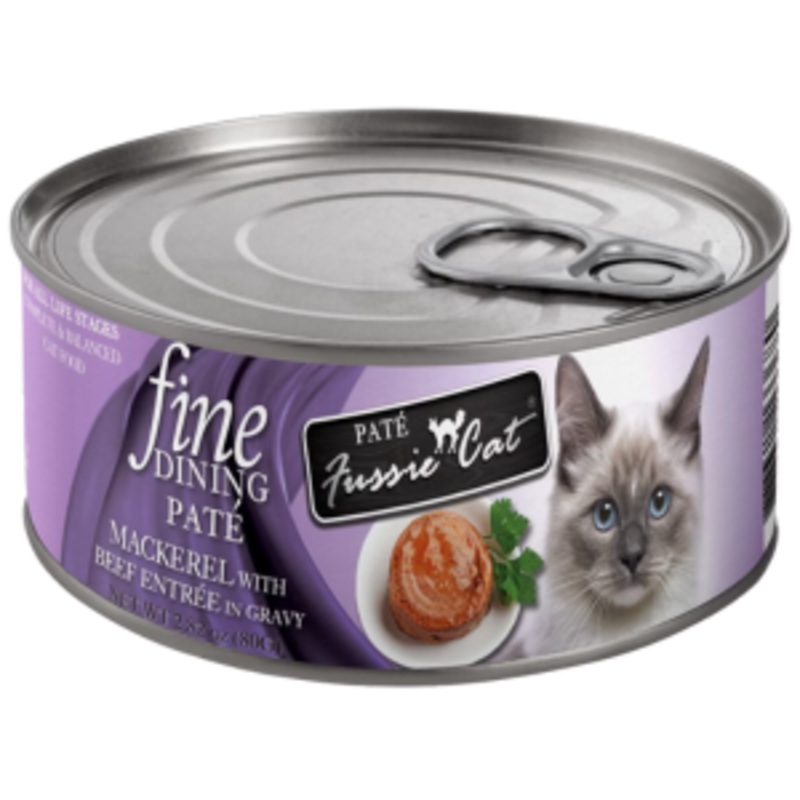 Fussie Cat Fine Dining Pate Mackerel with Beef Entree in Gravy Wet Cat Food, 2.82-oz