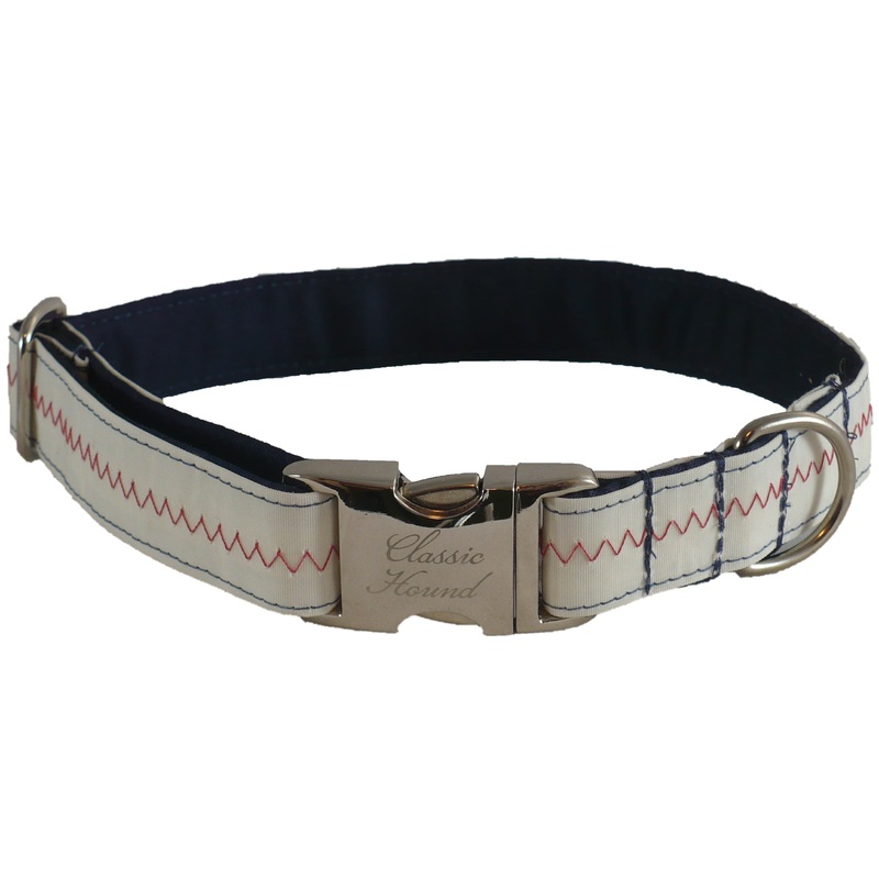 1 Sailcloth Dog Collar – White w/ Red Stitching Large