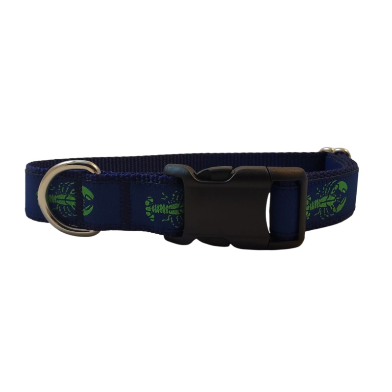 Ribbon Dog Collar  Lobster,  Green on Navy Blue Small – 3/4″