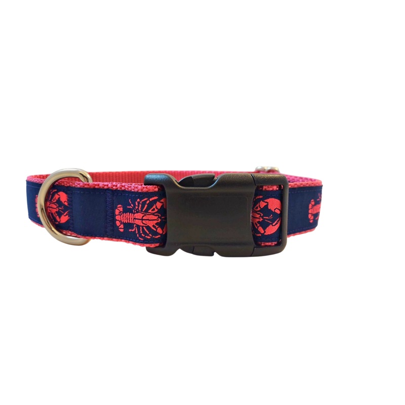 Ribbon Dog Collar  Lobster,  Pink on Navy Blue w/ Pink Nylon Small – 3/4″