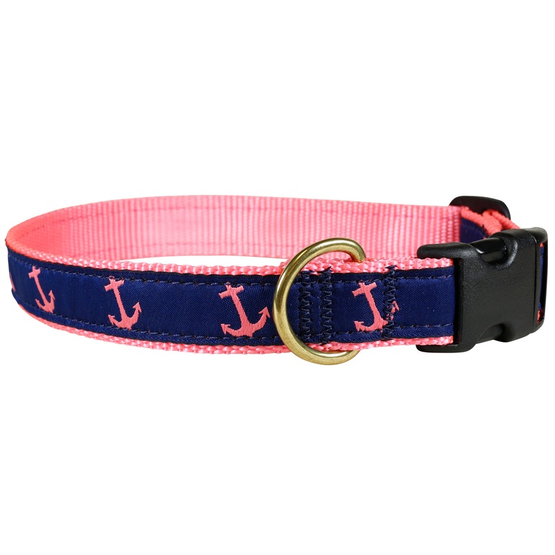 1 Ribbon Dog Collar  Anchor,  Pink on Navy Blue Small