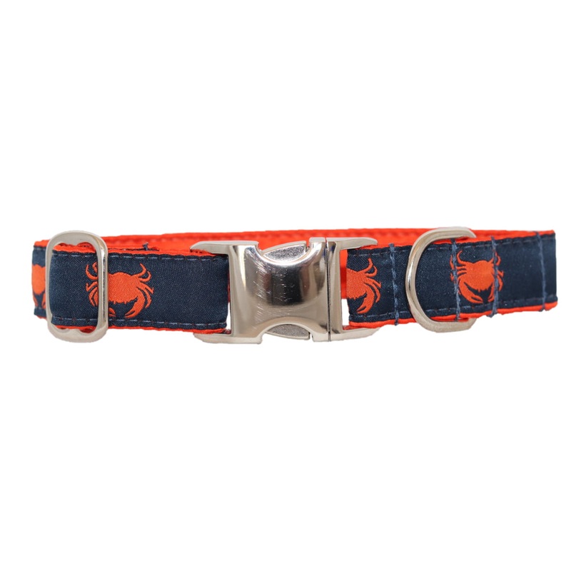 1 Ribbon Dog Collar  Orange Crabby on Navy Blue Large