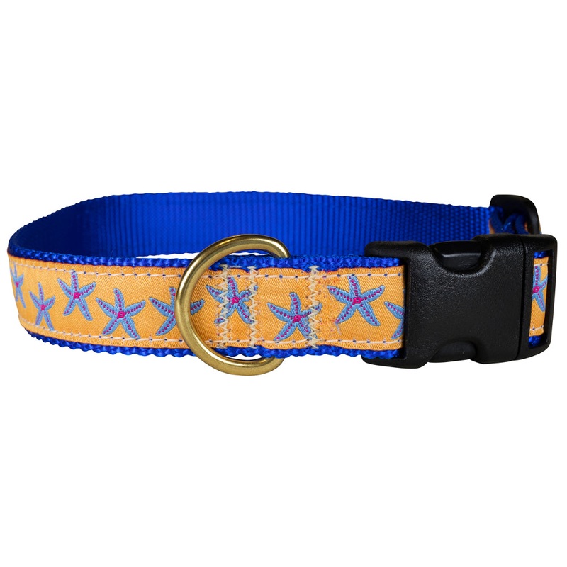 1 Ribbon Dog Collar  Starfish,  Blue on Yellow Small