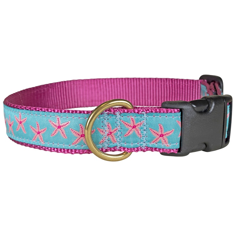 1 Ribbon Dog Collar  Starfish,  Pink on Aqua Small