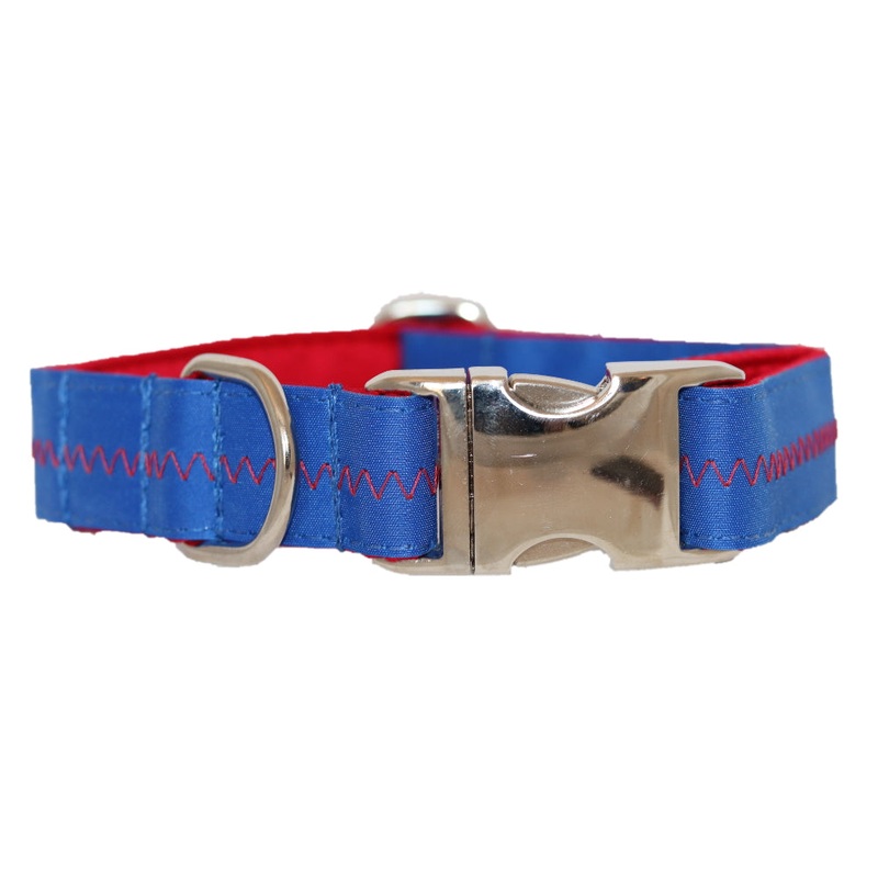 1 Sailcloth Dog Collar – Blue w/ Red Stitching Large
