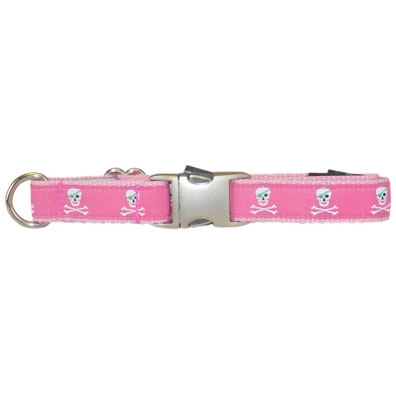 3/4 Ribbon Dog Collar  Pirate Skulls, Pink Medium