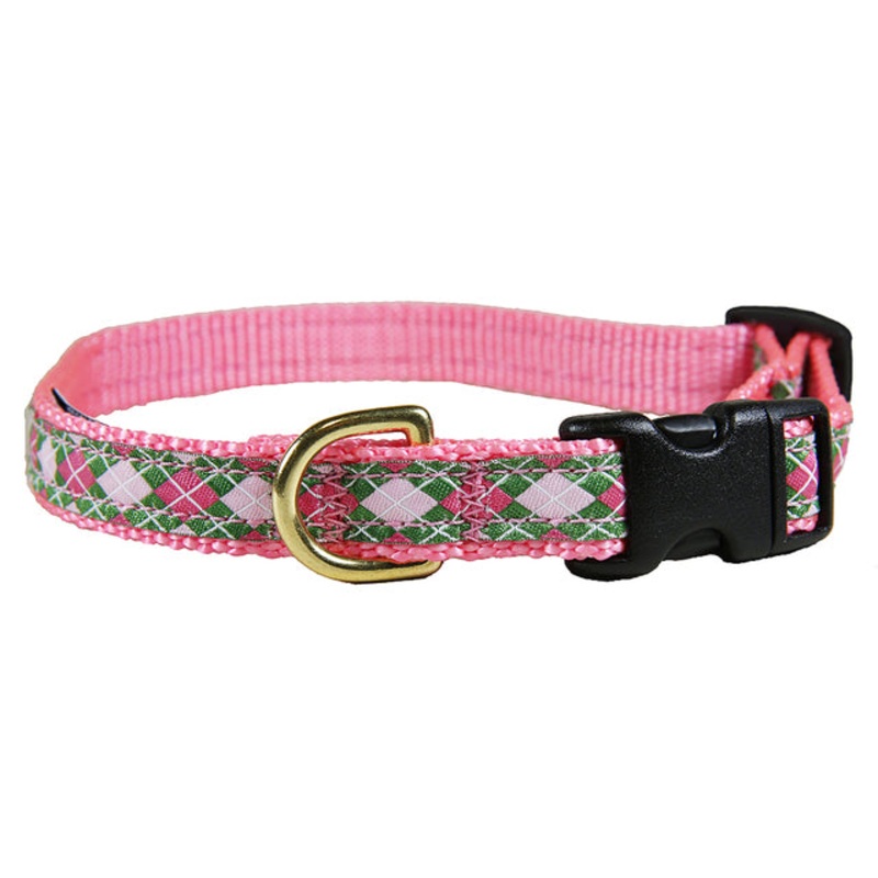 5/8 Ribbon Dog Collar  Argyle,  Pink & Green XX-Small