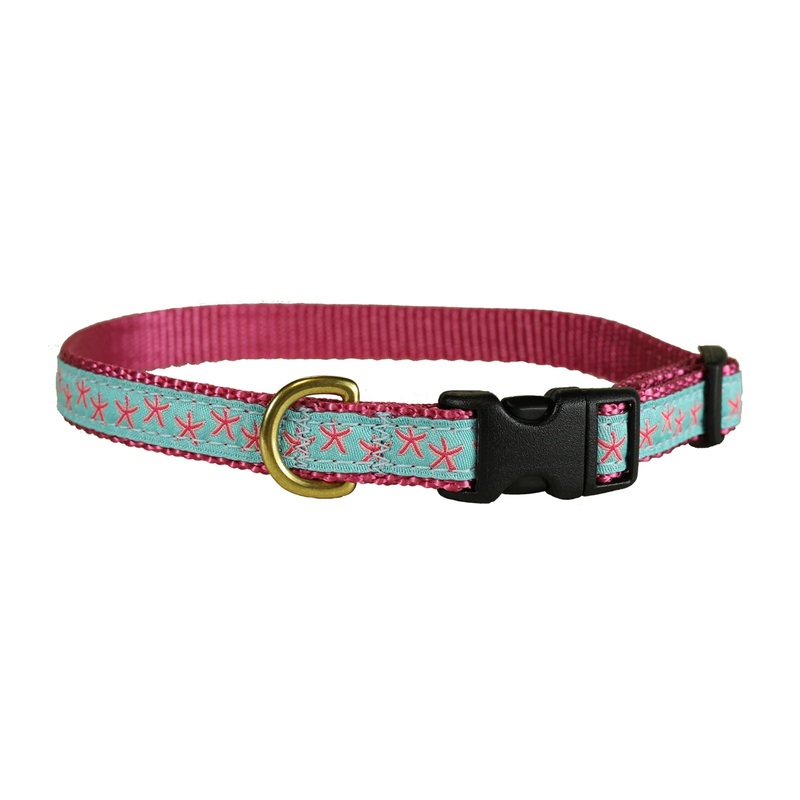 5/8 Ribbon Dog Collar  Starfish,  Pink on Aqua XX-Small