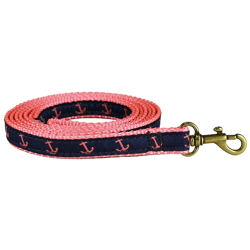 5/8 x 6ft Ribbon Dog Leash  Anchor, Pink on Navy Blue