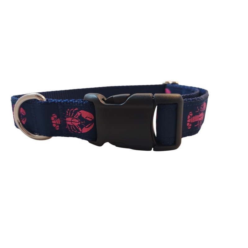 Ribbon Dog Collar  Pink Lobster on Navy Blue w/ Navy Nylon Small – 3/4″