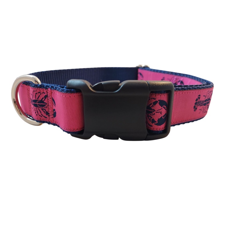 Ribbon Dog Collar  Navy Lobster on Pink w/ Navy Nylon Small – 3/4″