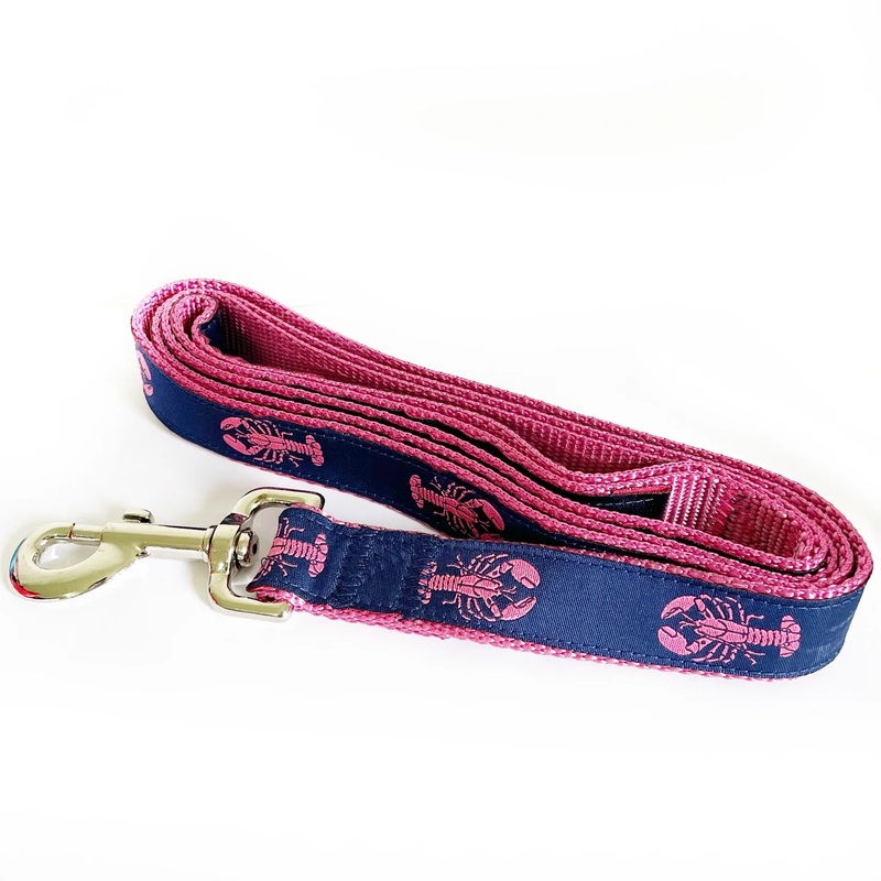 1 Ribbon Dog Leash  Pink Lobster on Navy Ribbon. Pink Nylon 5ft