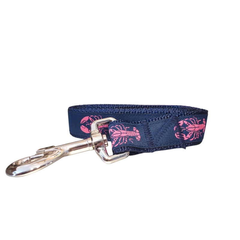1 x 5ft Ribbon Dog Leash  Pink Lobster on Navy Ribbon. Navy Nylon