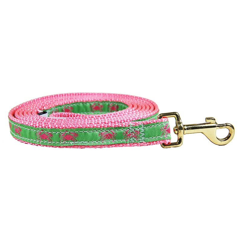 5/8 x 6ft Ribbon Dog Leash  Crabs, Pink on Lime Green