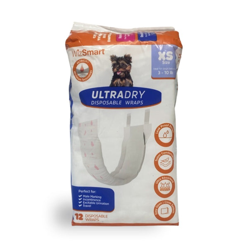Wizsmart UltraDry Disposable Male Dog Wraps extra small – 12 count